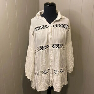 Buttzo One Size Swim Coverup Collar Long Sleeve Shirt Dress Bohemian Embroidered